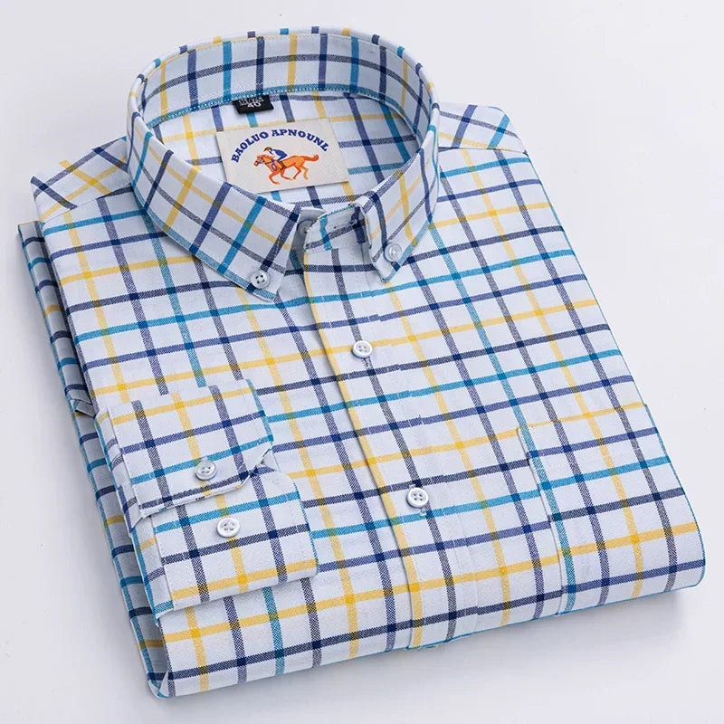 Casual Pure Cotton Oxford Mens Shirts Long Sleeve Embroidery Horse Design Regular Fit Fashion Button Man White Dress Shirt