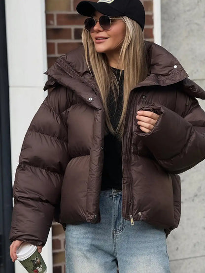 Women Brown Hooded Cotton Coat Fashion Lapel Full Sleeve Zipper Button Warm Loose Short Coats Lady Winter Casual Street Outwear