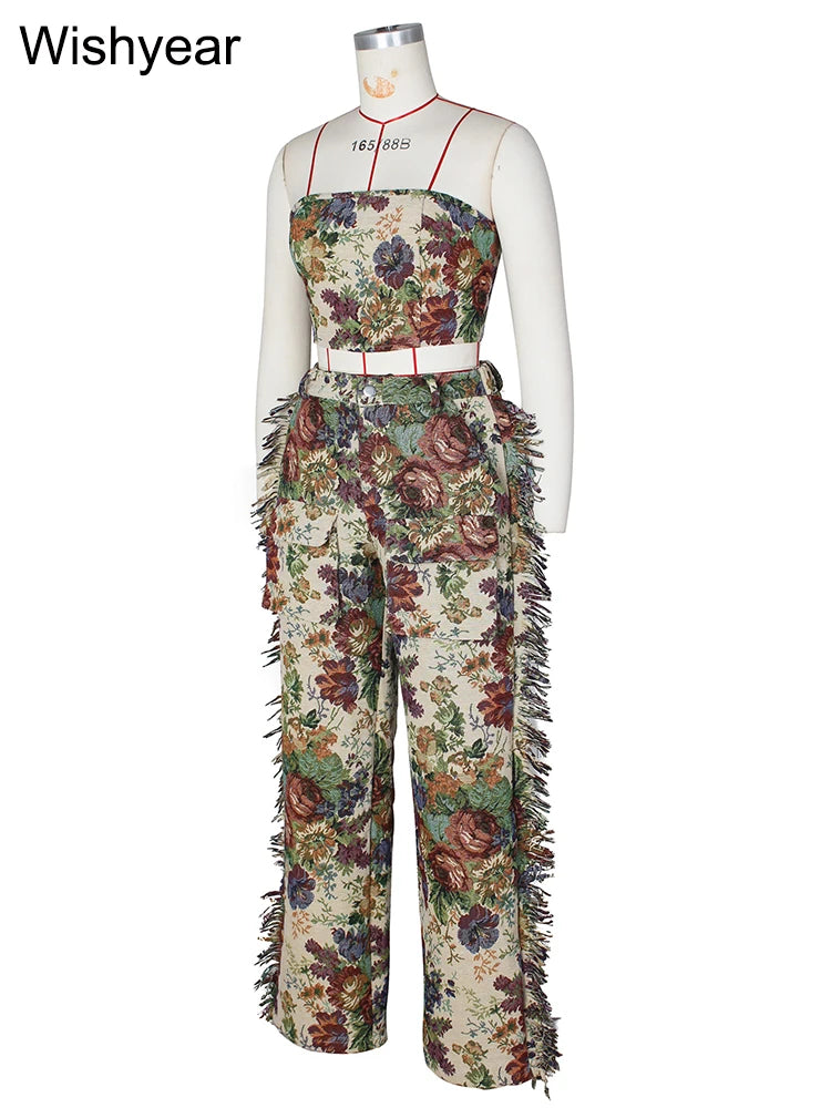 Fashion Printed 2 Two Pieces Outfits for Women Strapless Crop Top and Wide Leg Pants Tassels Matching Sets Birthday Clubwear