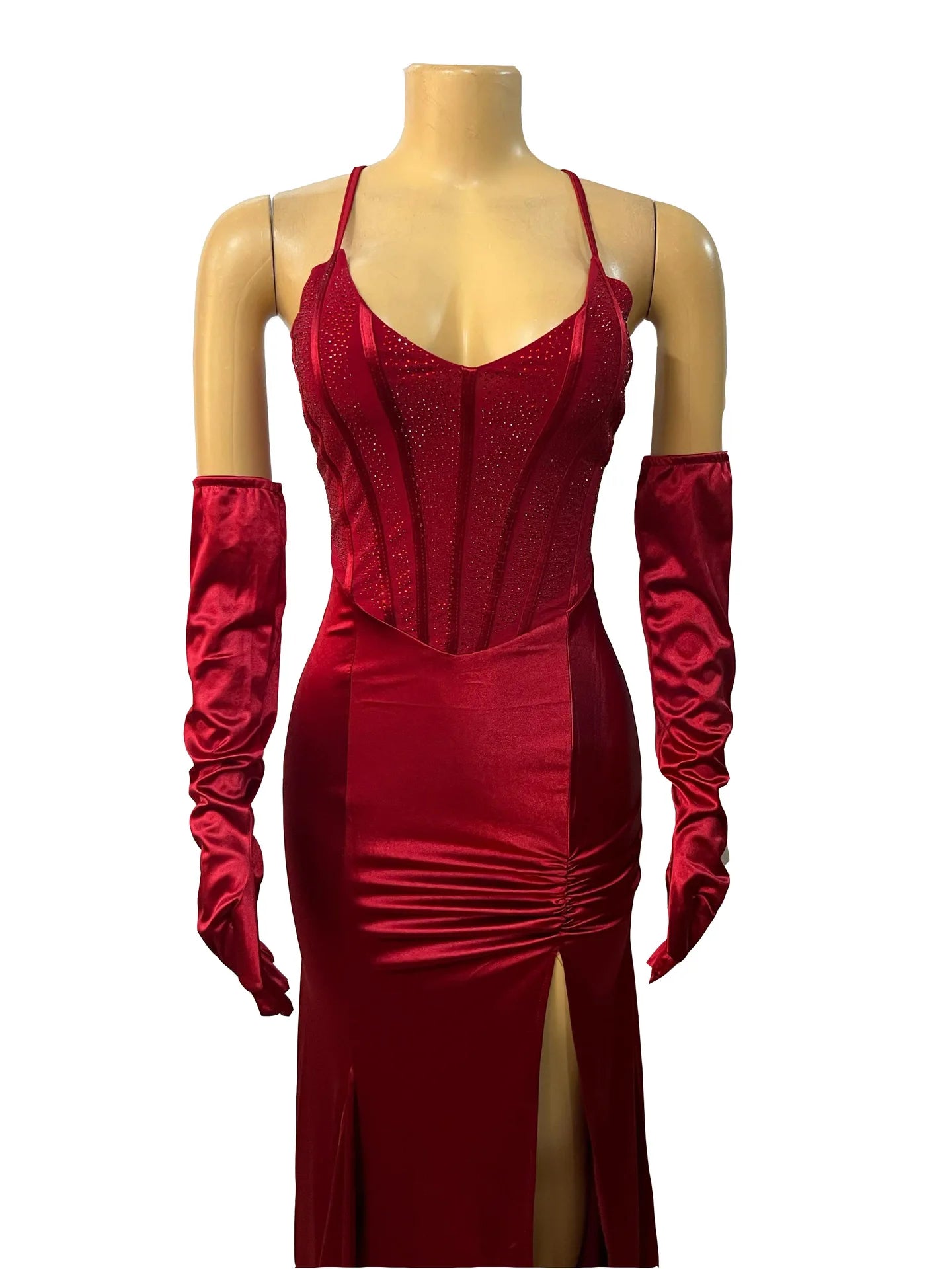 Women Sexy V-neck Lace Up Halter Backless Bodycon Birthday Dress Diamonds Corset Floor-length Evening Party Dresses with Gloves