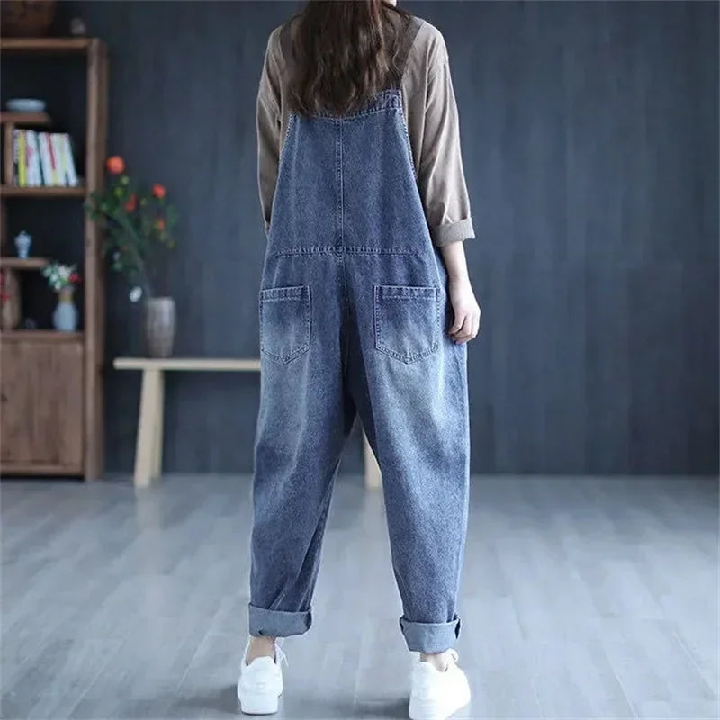 Jumpsuit Women Jeans Rompers New Retro Big Pocket Loose Denim Overalls Fashion Casual Wide-leg Pants Jumpsuits Cloth
