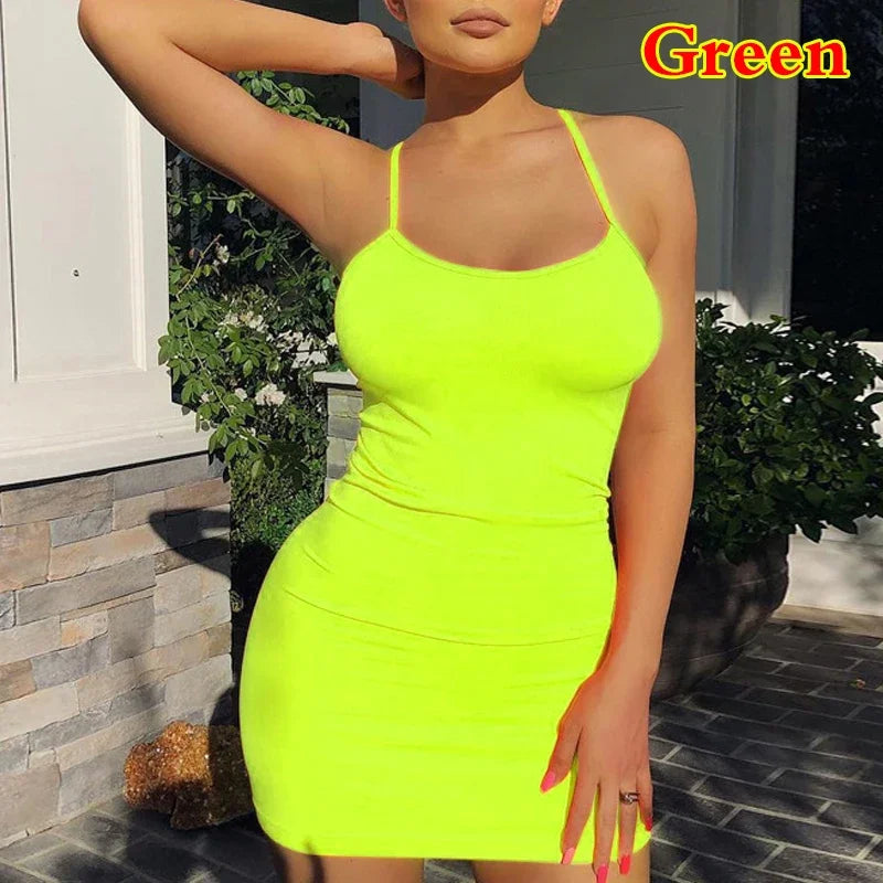 Summer Sexy Spaghetti Strap Camisole Backless Skirts Club Party Mini Dress Women Sleeveless Bodycon Sling Slim Wrap Hip Sundress