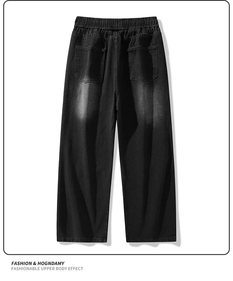 2025 Hip-hop Baggy Denim season elastic waist New Korean Men's Jeans American Loose Fit Wide-leg Straight Casual Trousers Street