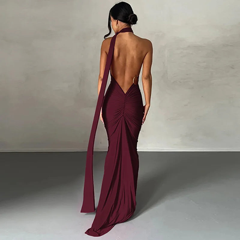 Dulzura One Shoulder Backless Ruched Slim Ribbon Long Dress Women Solid Sexy Elegant Dress Evening Party Club Prom Summer Outfit