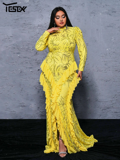 Yesexy Plus Size Elegant Beautiful Women Round Neck Long Sleeved Split Evening Gown Wedding Birthday Party Formal Occasion Dress