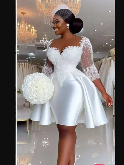 Customized  Sheer Neck Shinny Appliques Beads Short  Wedding Dress  Vestidos De Novia  Half Sleeves Knee Length Bridal Gowns