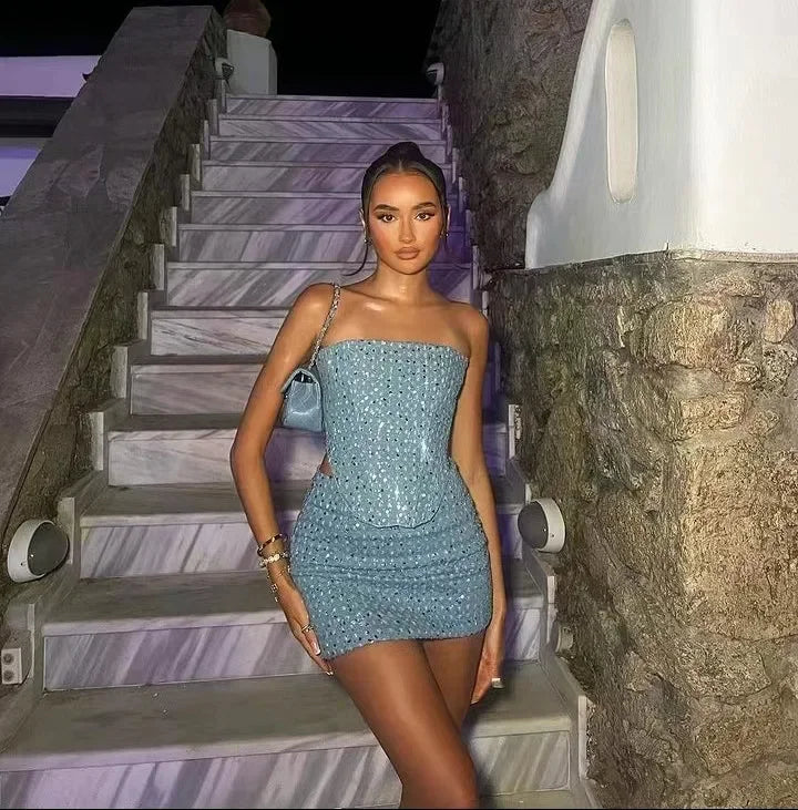 Women Blue Sequined Denim 2 Piece Sets Sexy Strapless Top Stylish Woman Mini Skirt Sets Tweed Set Summer Nightclub Outfits