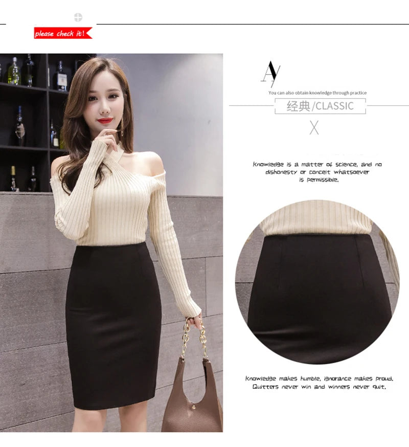Basic OL Back Split Slim Skirt for Women, Korean Fashion, Bodycon Pencil Office, Elegant Black Knee Length, HighWaist Shirts,