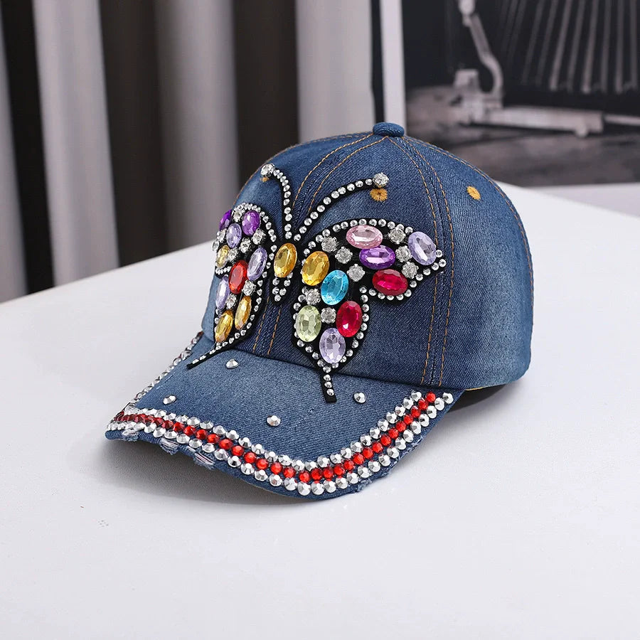 Fashionable And Versatile Outdoor Casual Baseball Cap With Colorful Diamond Inlay, Trendy Butterfly, Middle-Aged Duckbill Cap