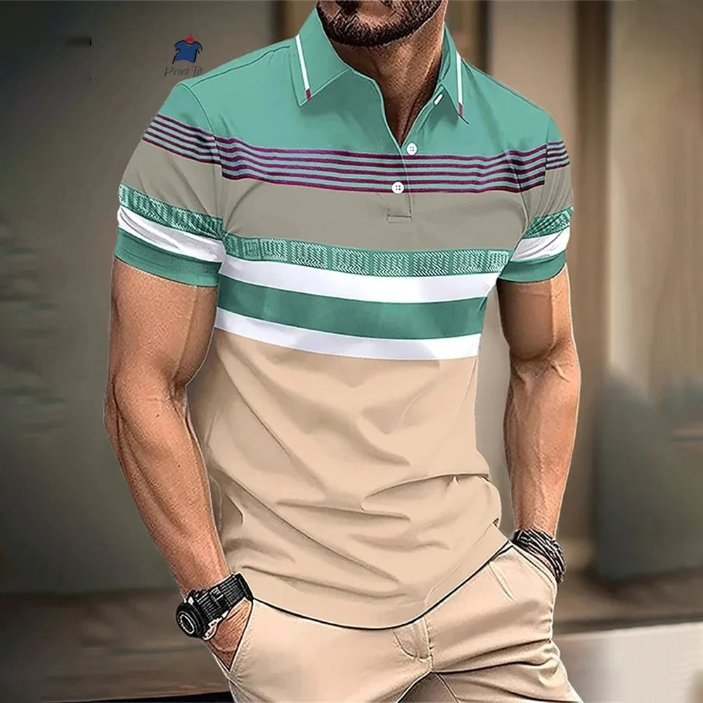 New Summer Striped Patchwork Striped Men's Polo T-shirt Fashion Lapel Button Sports Trend Street Wear Short Sleeve Top Men Shirt