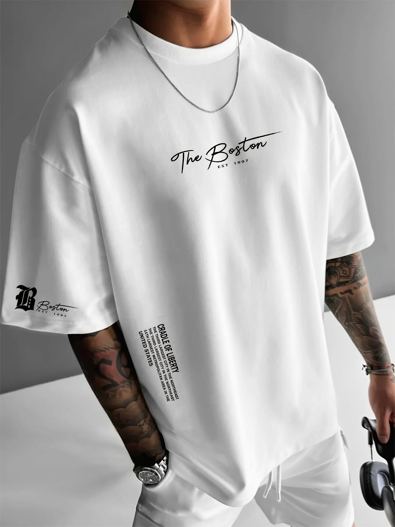 Men's summer 100 cotton fashionable casual sports loose Boston city slogan printed round neck short sleeved T-shirt top