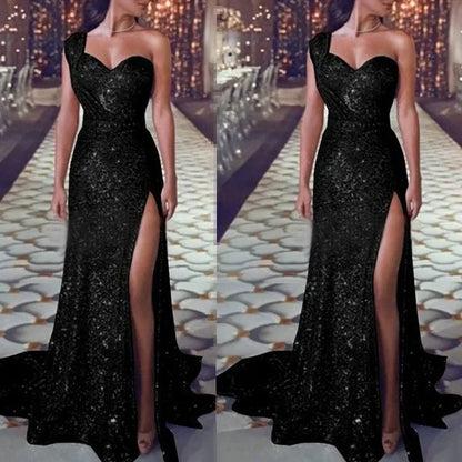 2025 Women's Wedding Party Dress Evening Elegant Sexy Deep V Neck One Shoulder Sleeveless Sequined Long Maxi Dresses For Women