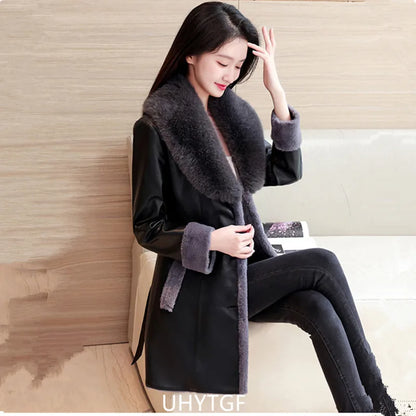 Winter Leather Jacket Women's Fashion Fur Collar Black Casual Warm Coat Female Quality PU Leather Overcoat Ladies