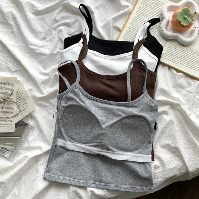 Women's Solid Color Spaghetti Straps Sleeveless Slim Camisole with Chest Pad Cotton Summer Wear Outside Female Short Tops Vests