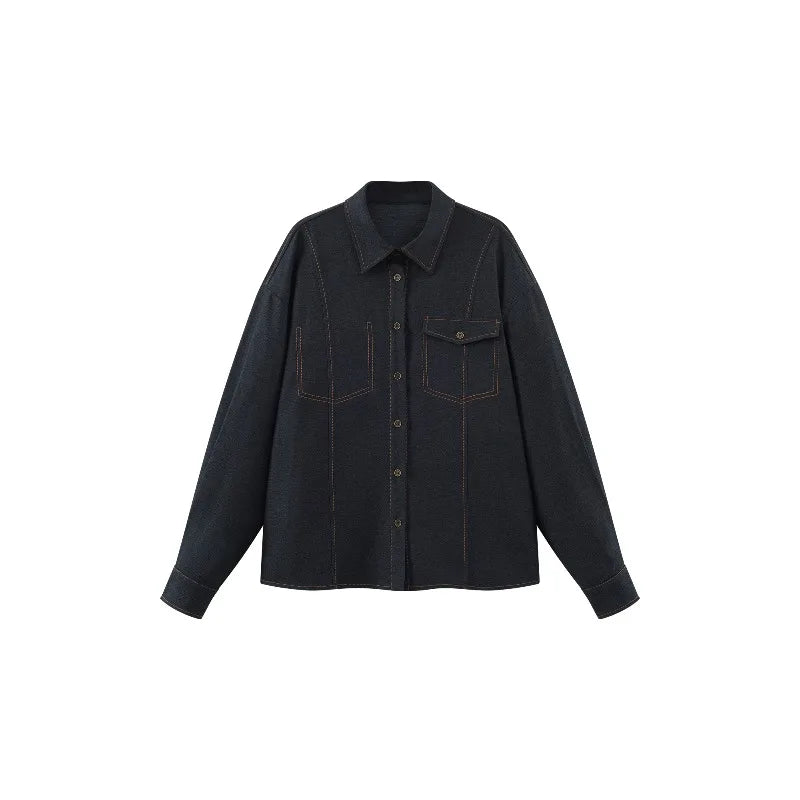 Casual Contrast Stitch Shirt Jacket Loose Long Sleeve Blouse for Women Stylish Collared Overshirt for Autumn Layered Slim Look