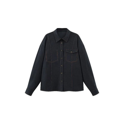 Casual Contrast Stitch Shirt Jacket Loose Long Sleeve Blouse for Women Stylish Collared Overshirt for Autumn Layered Slim Look