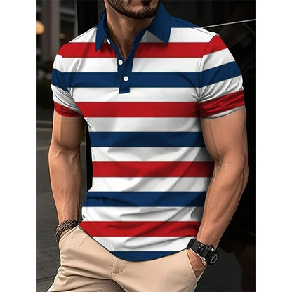3D Print Colorful Color Block Polo Shirt For Men Stripes Pattern T-Shirts Summer Loose Street Lapel Top Button Short Sleeve Tees