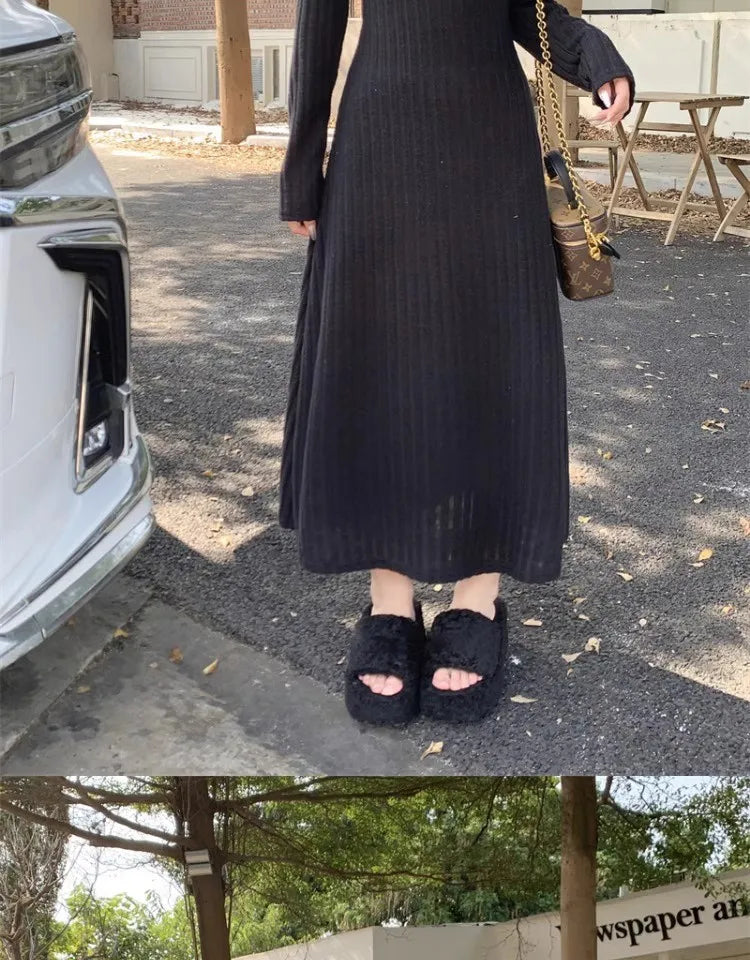 French Style Long Sleeve Knitted Dress Vintage Waist Cinching A- Line Skirt Women Autumn Winter New Arrival Slimming Inner Wear