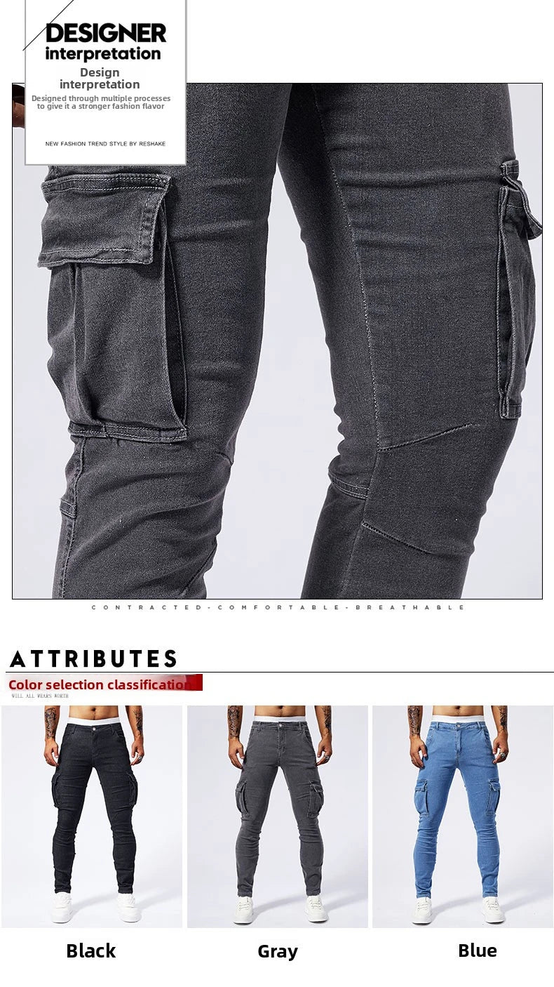 Street Elastic Jeans Men Denim Cargo Pants Wash Solid Color Multi Pockets Casual Mid Waist Trousers Slim Fit Daily Wear Joggers