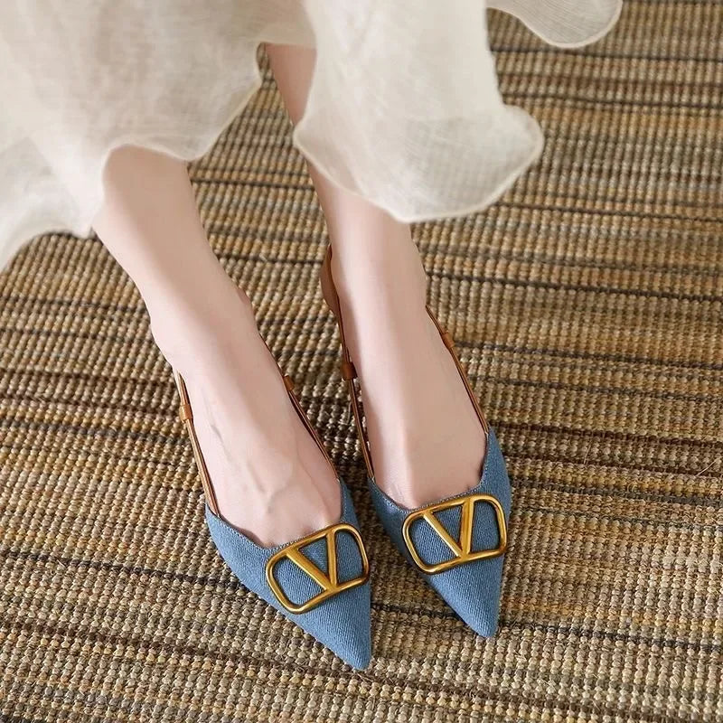 Retro High Heels 2025 New French Light Mouth Pointed Head Thin Heel Women's Denim High Heel Sandals Summer Bag Head