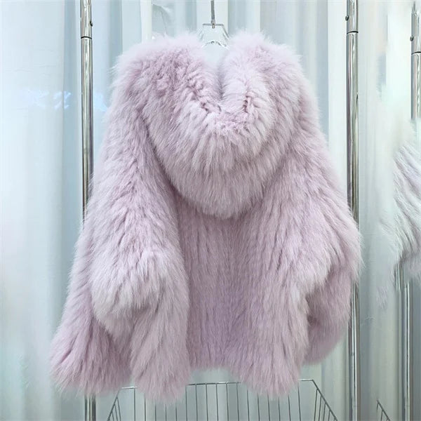 Fox Fur Coat Women's Winter Fashion Warm 100% Fox Fur Coat Hooded Long Sleeved Sweet Women's Luxury Designer Coat
