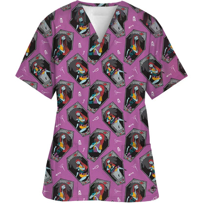 Women Short-Sleeved V-Neck Nurse Top Halloween Women's Fashion Casual Printing Top Protective Work Suit Medical Working Uniform