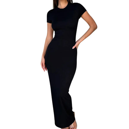 Sexy Skinny Women's Bodycon Party Dress Fashion O-neck Short Sleeve Solid Color Wraped Hip Package Long Dress Female Sexy Dress