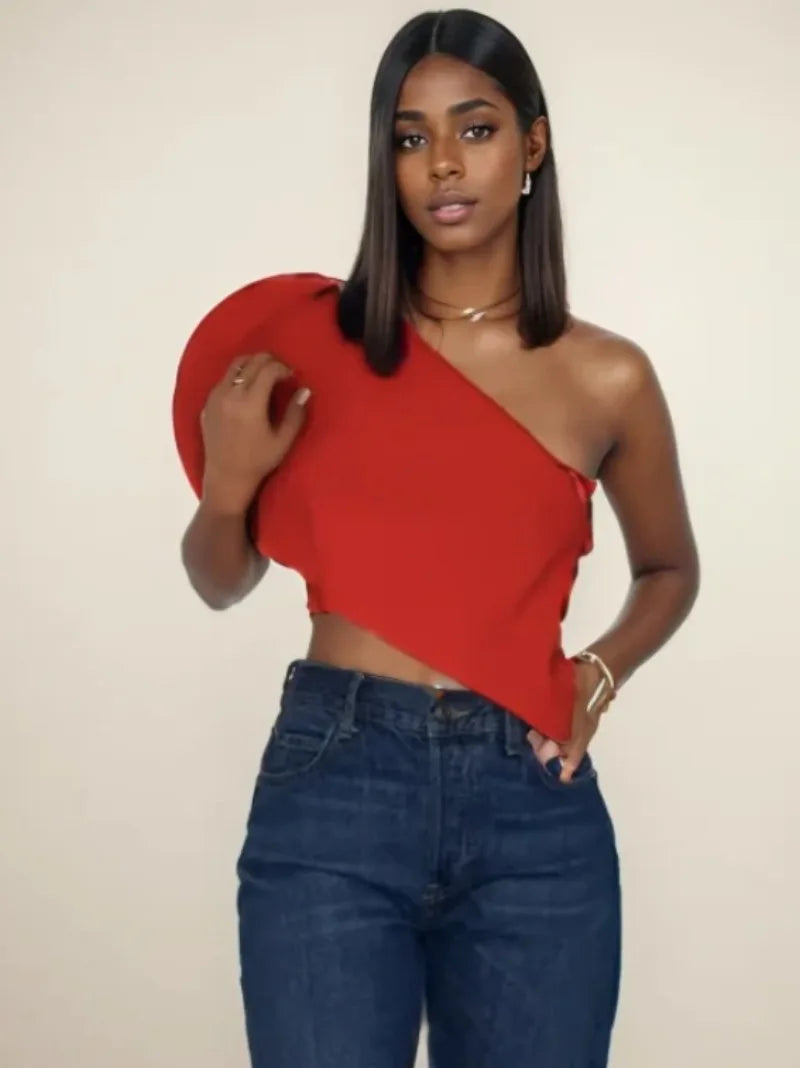 Fashion Asymmetrical Heart Shaped Crop Tops Woman New Women Vintage Sexy Sleeveless Off Shoulder Red Short Tops for Female Tops