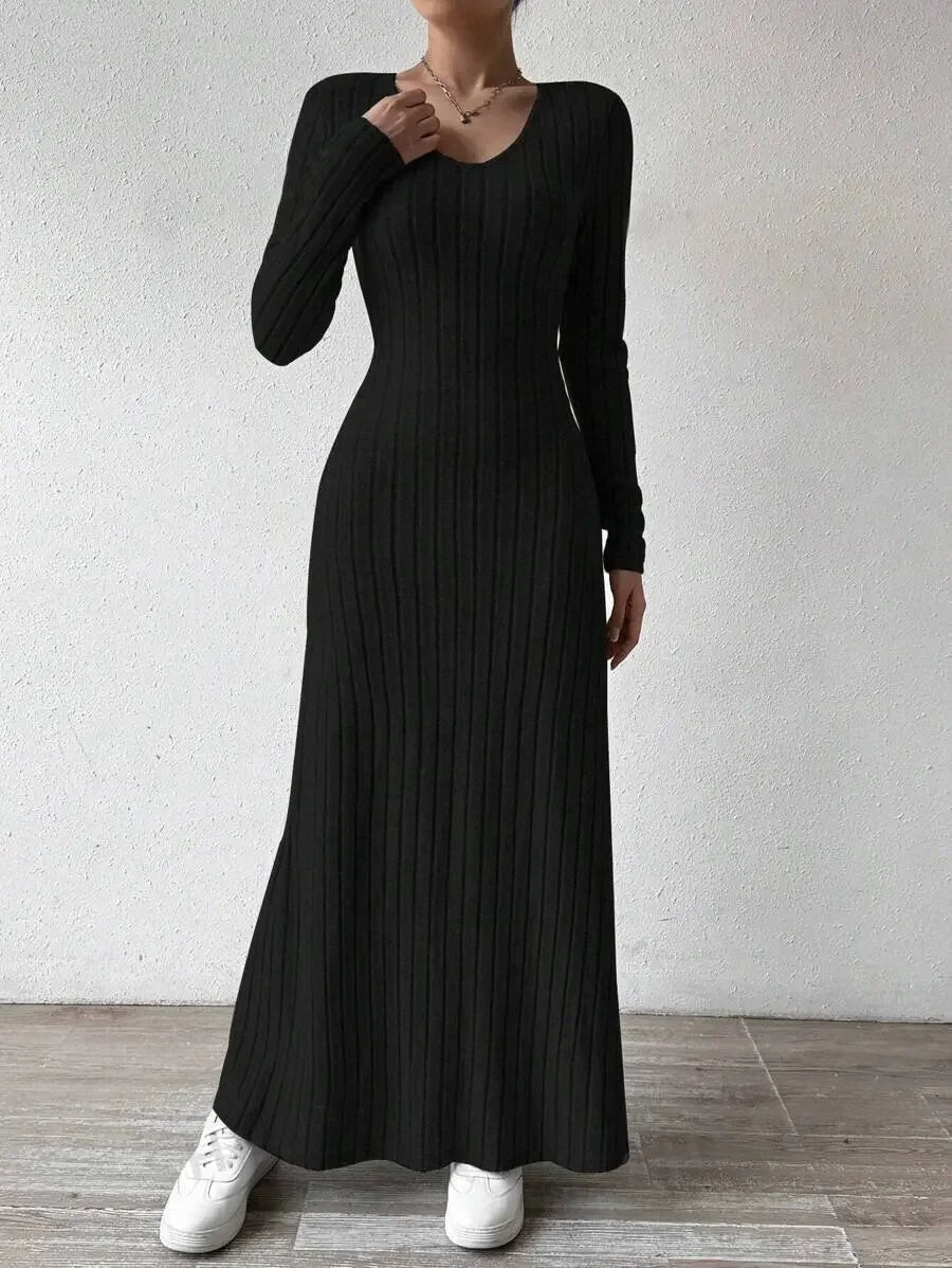 Fashionable Knitted Long Sleeve A- Line Streetwear Dress For Women Smooths And Slims Your Silhouette Solid Color Long Dress