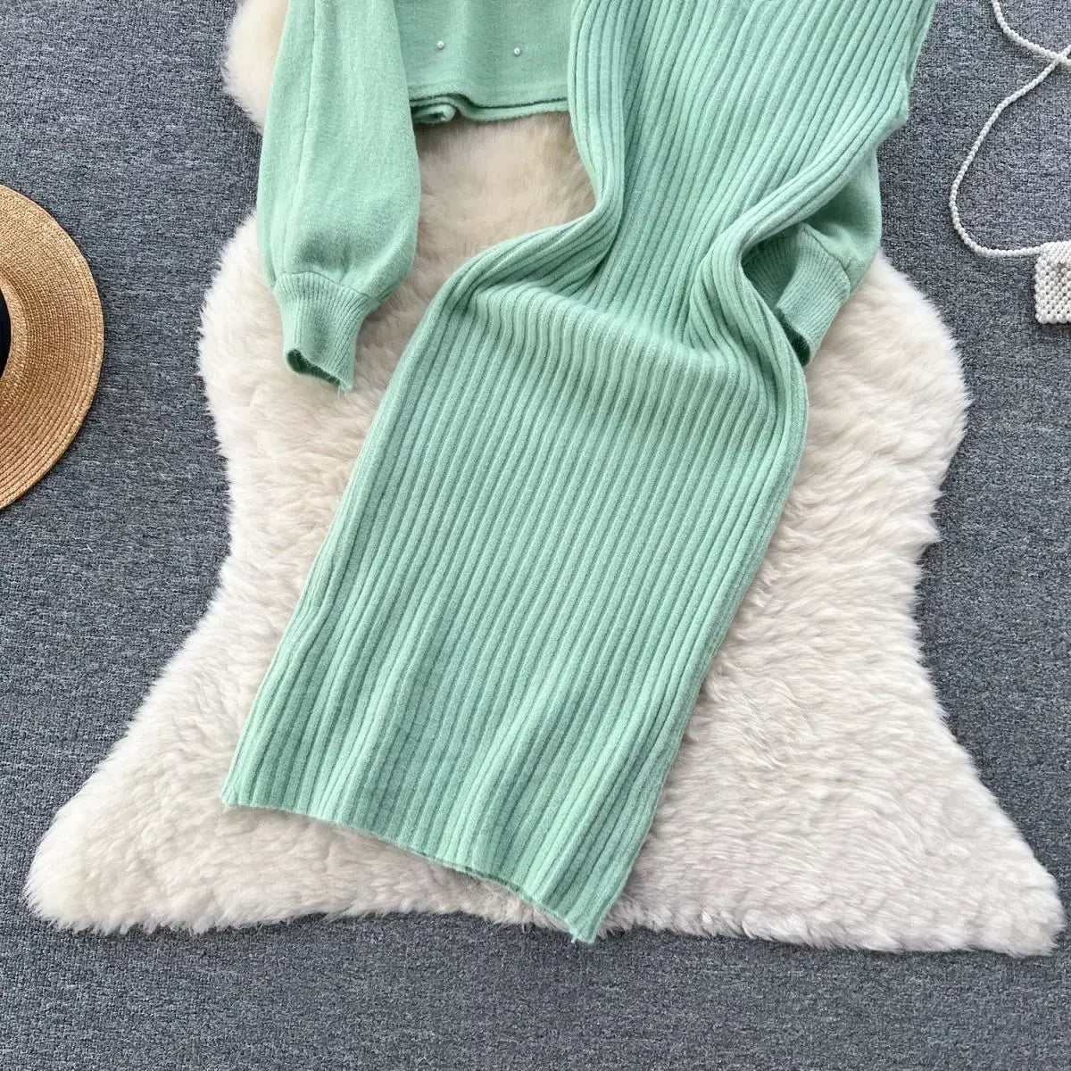 Autumn Winter Slimming Knitted Sweater Dress Set Women's Mid-Length Base Layer Knee-Over Bottoming Dresses Fashionable