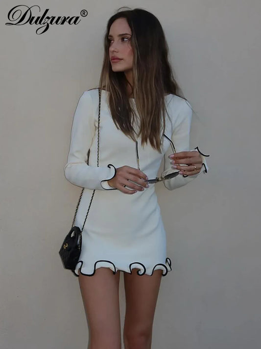 Dulzura O-Neck Long Sleeves Ruffles Patchwork Bodycon Mini Dress Sexy Elegant Outfit Party Club Streetwear Autumn Winter Clothes