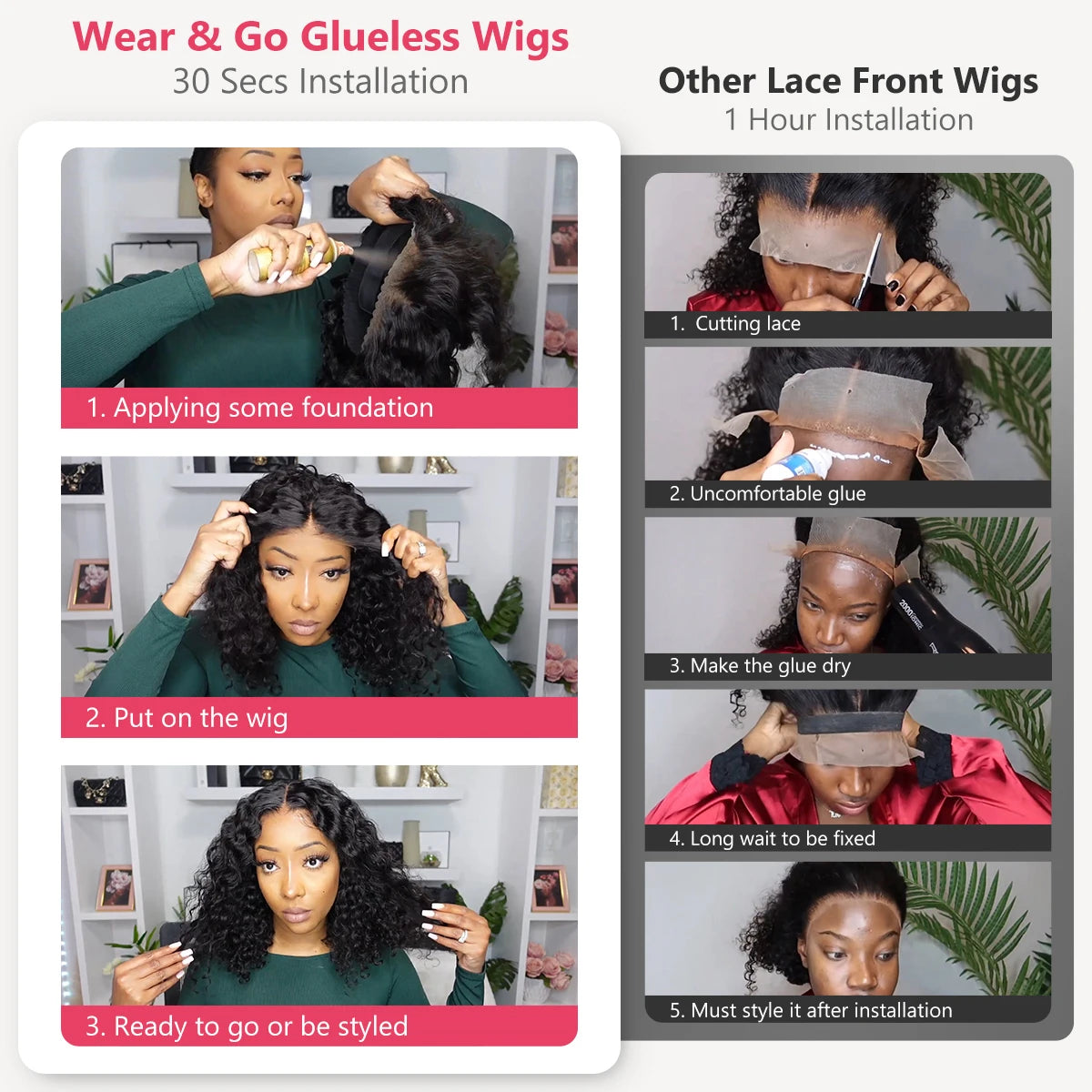 Curly Glueless Wigs Human Hair Ready to Wear Deep Wave Lace Front Wigs Wear And Go Pre Plucked Pre Cut 5x5 4x4 Lace Closure Wigs