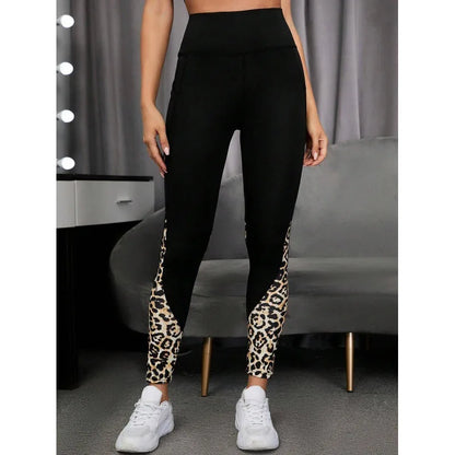 Women Printed Yoga Leggings Leopard Splicing Together Leggings High Waist Butt Lift Fashion Fitness Running with Pocket Legging