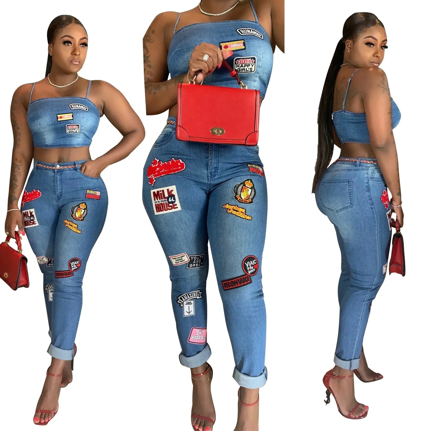 Jeans Outfits 2025 & 2026 Women Clothes Sets 2 Piece Birthday Party Club Sexy Crop Top and Pants Denim Two Piece Mathcing Set