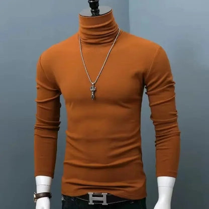 Slim Fit High Collar Long Sleeve Men's Base Shirt Inner Wear Simple Pure Color Large Size Warm Autumn Winter T-shirt Trendy Bran