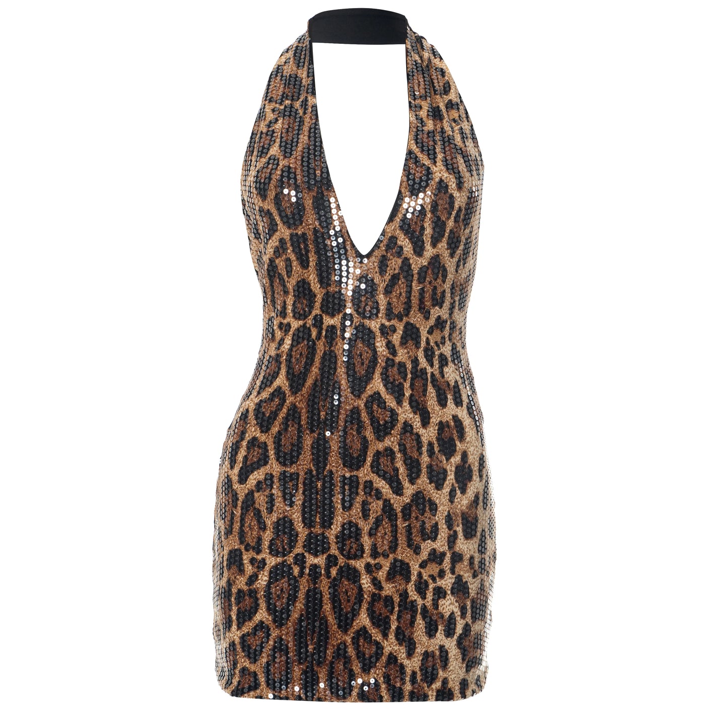 CUTENOVA 2025 Summer New Women'S Sexy Sleeveless Hanging Neck Leopard Print Beaded Deep V-Neck Revealing Backpack Hip Dresses