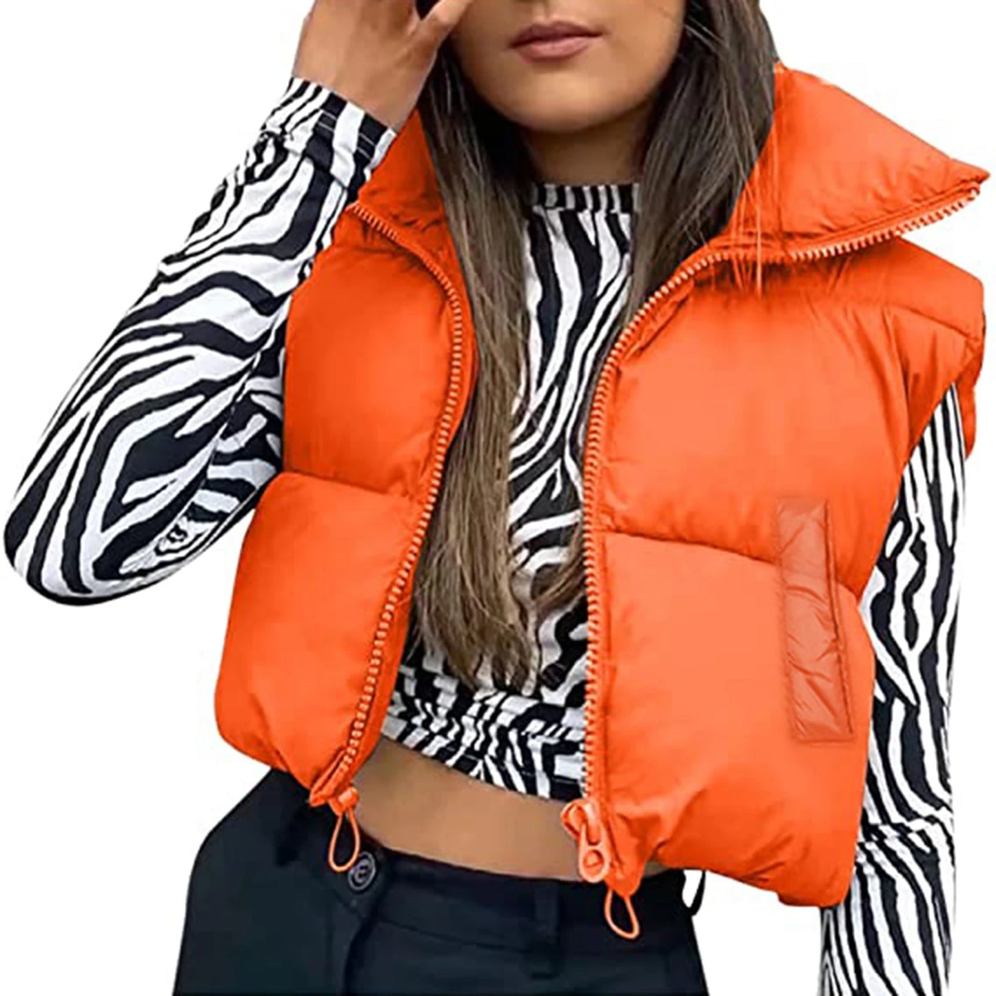 Fall Winter Warm Cropped Vest Jackets for Women Fashion Sleeveless Stand Collar Zip Up Puffer Waistcoat Street Style Outwear