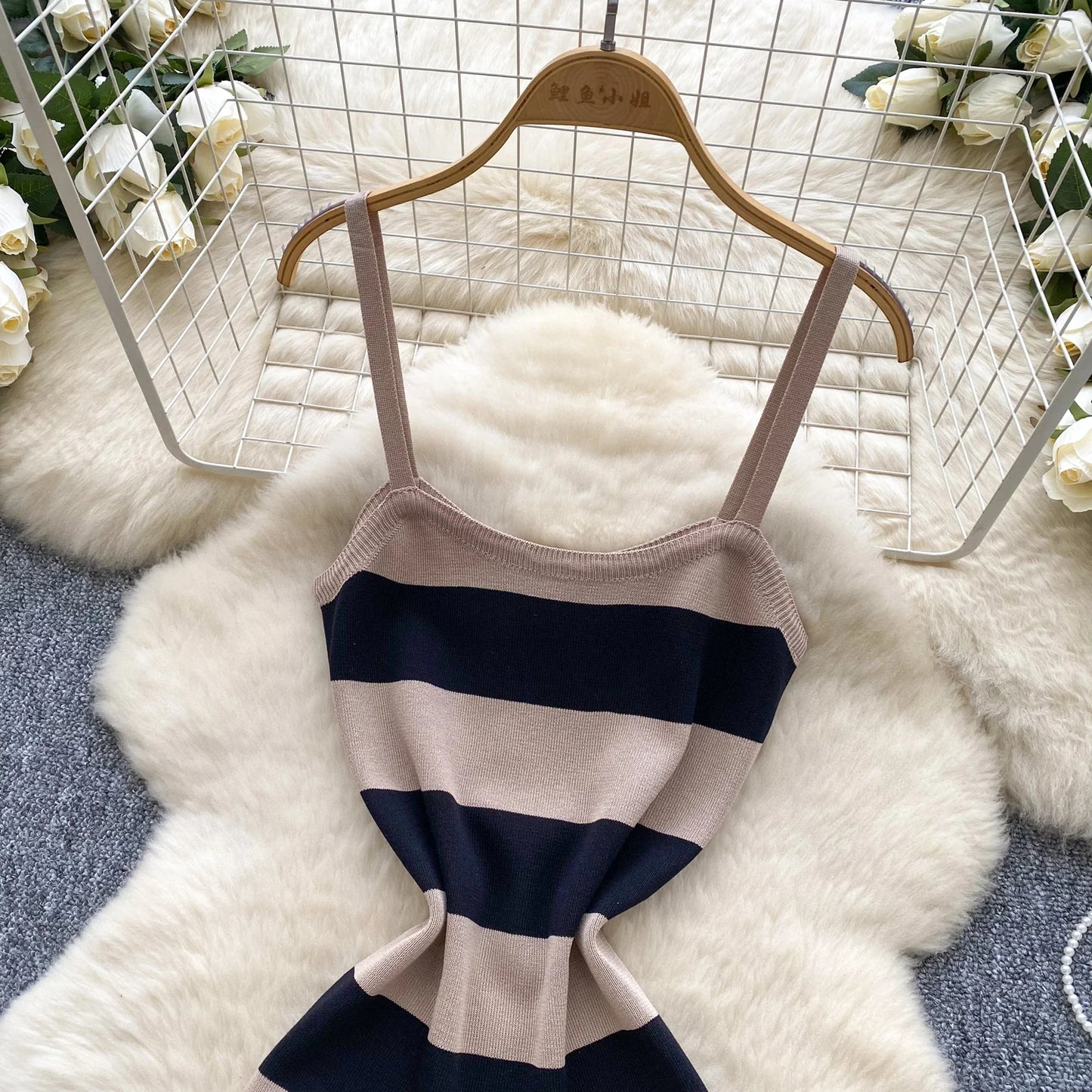Lady New Stripes Ins Fashion Sexy Package Hips Bodycon Dress  Summer Knitted Spaghetti Straps Outfits Maxi Long Women Dress