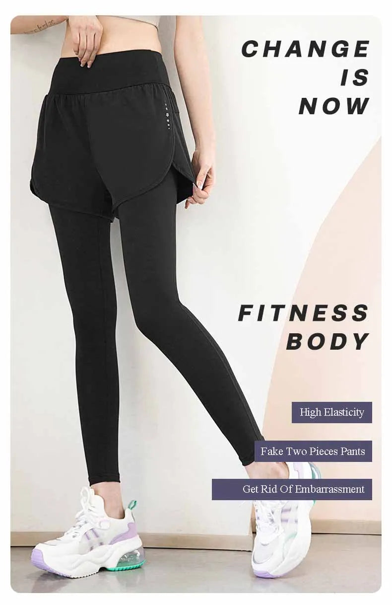 Women's Gym Leggings Elastic High Waist Fake Two Pieces Yoga Pants With Pockets Sportswear Running Tights Gym Yoga Wear