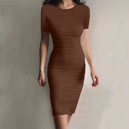 Fashion Women Short Sleeve Slim Fitting Dress Summer Solid Color Round Neck Elegant Dress Tight Robe Street Style Skinny Dress