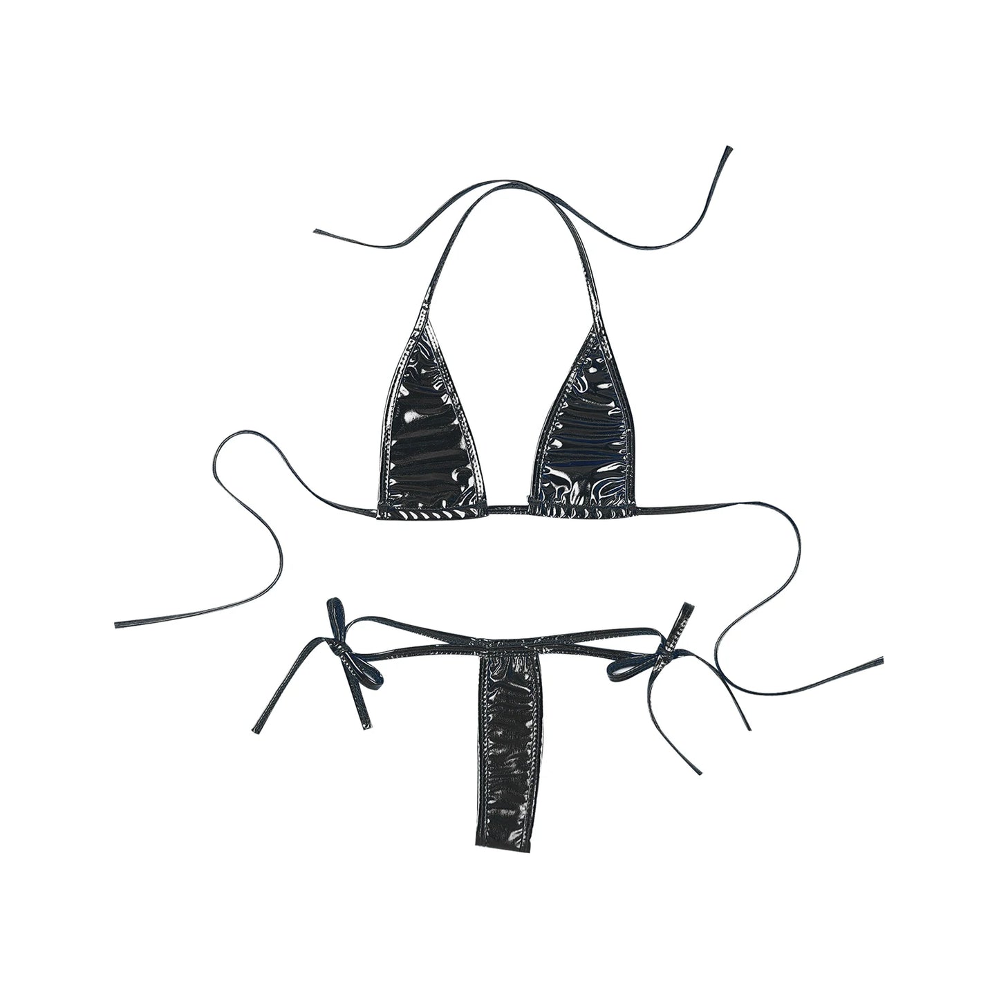 Womens Brazilian Micro Bikini Swimsuit Biquini Set Lacing Non-Padded Triangle Cup Bra Top with G-String Metallic Shiny Swimwear