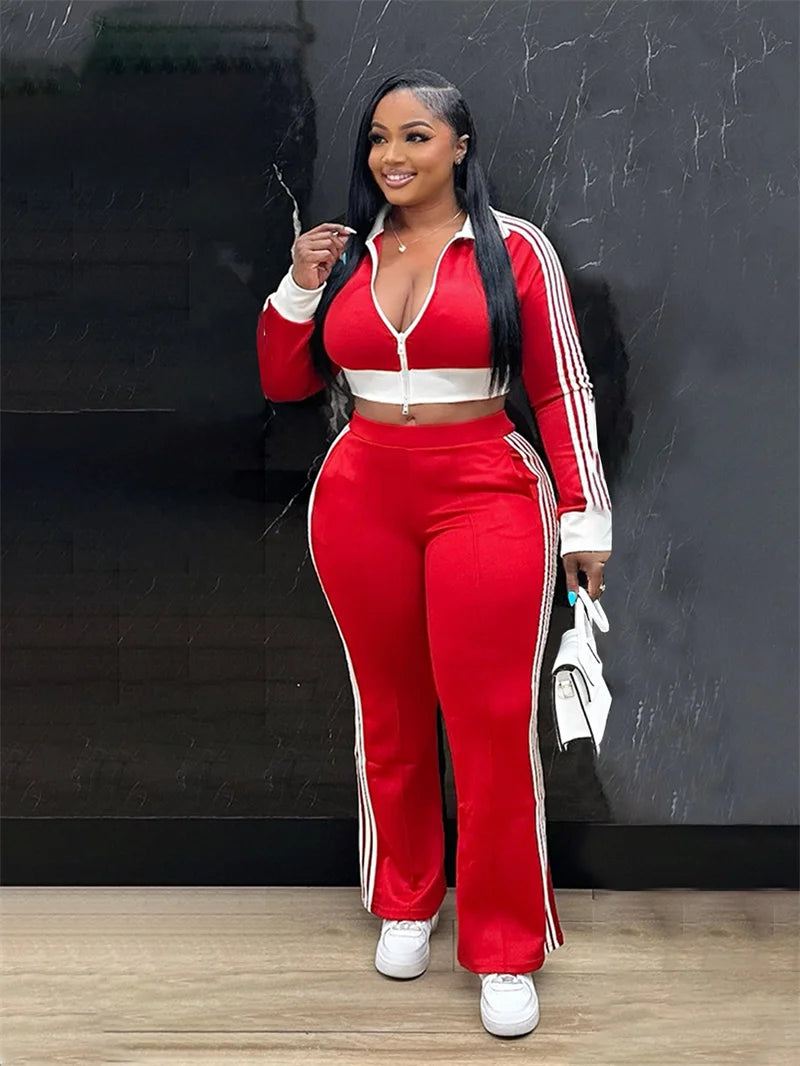 Doyerl Sporty Casual Tracksuit Women Two Piece Sets Striped Long Sleeve Zipper Cropped Jacket Top and Sweatpants Jogging Femme