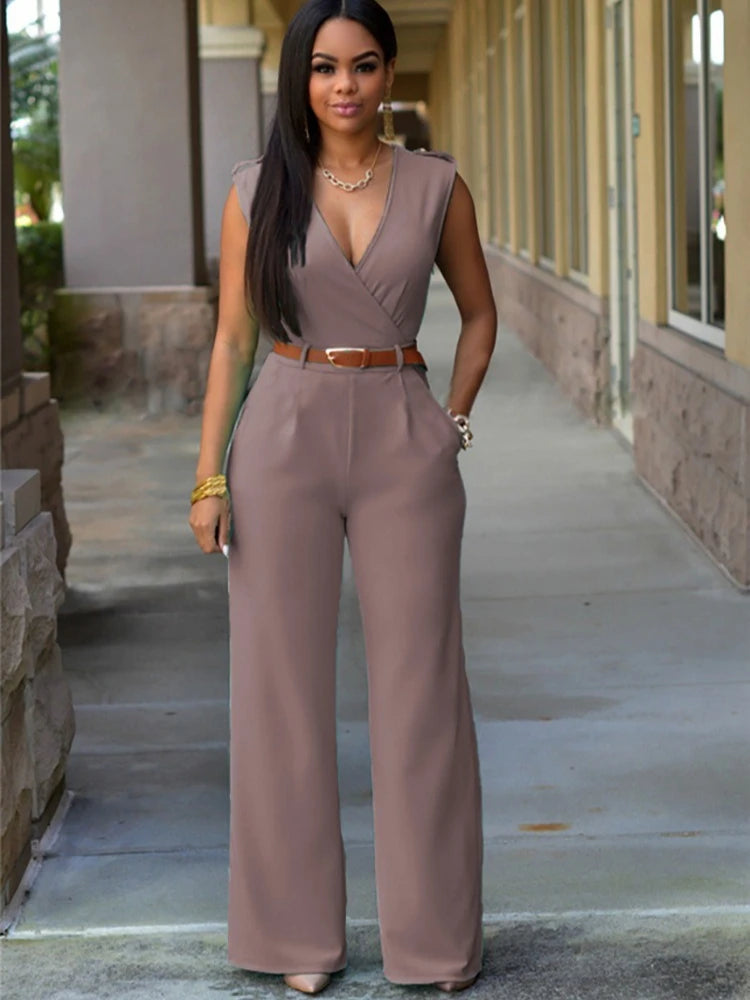 Business Formal Jumpsuit Work Wear Women Romper Elegant Long Deep V Neck Sleeveless High Waist Wrap Jumpsuits Fashion Streetwear