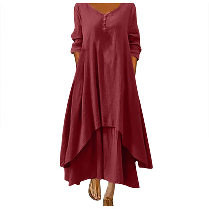 Women Elegant Linen Ginger Dresses Bohemia Layering Vintage Robe Long Sleeve Loose Long Dress Female Autumn Vestidos