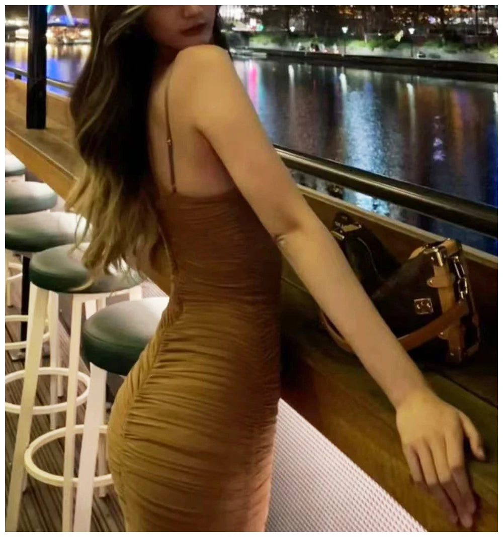 Womens Dress Mesh Ruched Slim Fit Long Spaghetti Strap Elegant Dress Must Have For Elegant Parties And Evening Banquets