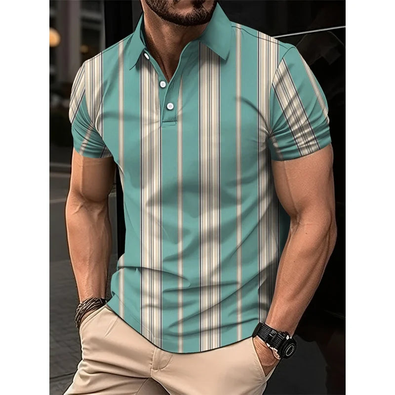 3D Print Colorful Color Block Polo Shirt For Men Stripes Pattern T-Shirts Summer Loose Street Lapel Top Button Short Sleeve Tees
