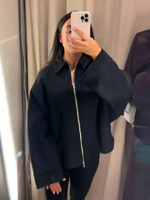 Woolen Zipper Loose Short Jacket Women Long Sleeve Lapel Solid 2025 Autumn Winter Commute Coat Street Office Warm Ladies Outwear