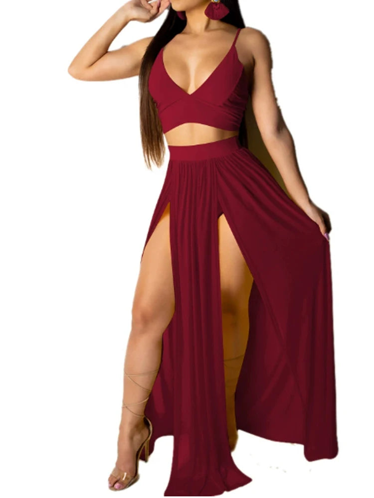 Women Sexy Yellow Solid Sleeveless V-Neck Holiday Two-Piece Suit Set Spaghetti Strap Crop Top & Maxi Slit Skirt Sets