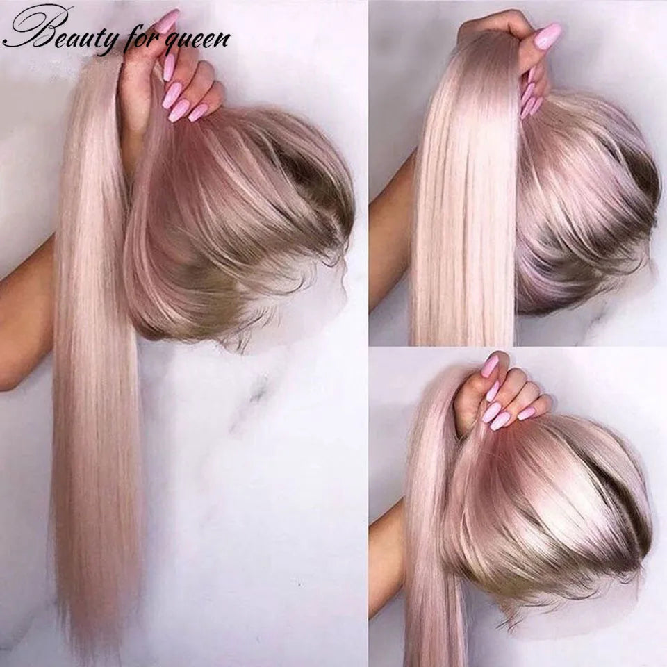 Straight Pink With Dark Roots Wigs Lace Front Human Hair Wigs For Women Transparent Lace Frontal Wigs Brazilian Hair Pre Plucked