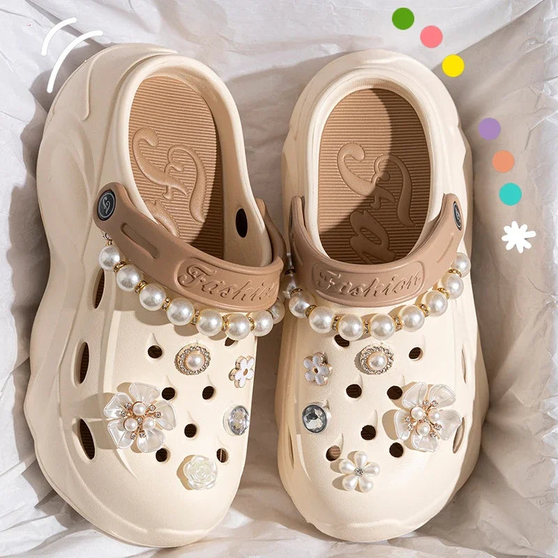Summer Fashion Pearl Chain DIY Clogs Women 2025 Chunky Platform Slip On Sandals Women Thick Bottom EVA Slippers Shoes Woman Heel